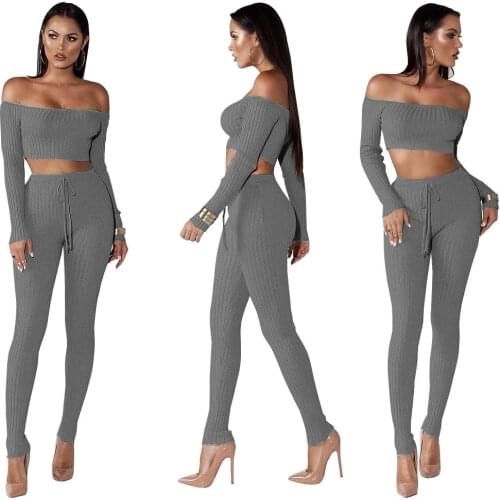 Fashion Trend Women Solid Off Shoulder Crop Tops+ Pants Split Bodycon Casual Outfit Clothes Sets Suit Slim Fit Sexy