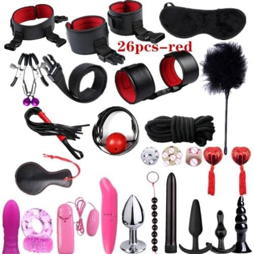 Sexy leather BDSM plush bondage bundle set blindfold handcuffs whip sex toys for women Nipple clip butt plug Exotic sex toys