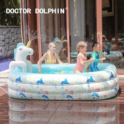 Doctor Dolphin Inflatable Swim Pool 94.5" X 65" X 24", Ocean Kingdom Ball Pit with Unicorn Spray, Lounge Blow Up Pool for Kids