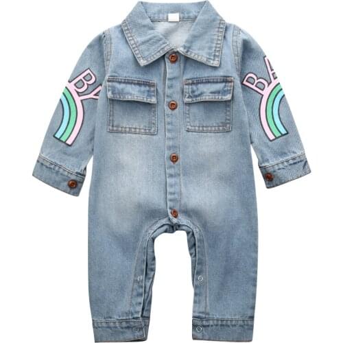 New Casual Denim Romper Infant Baby Girls Clothes Autumn Long Sleeve Rainbow Animal Print Jumpsuit Denim Outfit