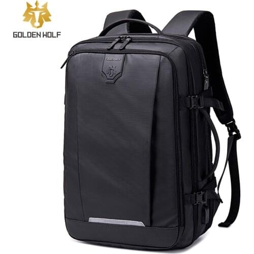 Goloen Wolf Mens Backpack 15.6 Inch Laptop Bagpack Black Expandable Mochila for Man USB Charging Travel Rucksacks School Bags