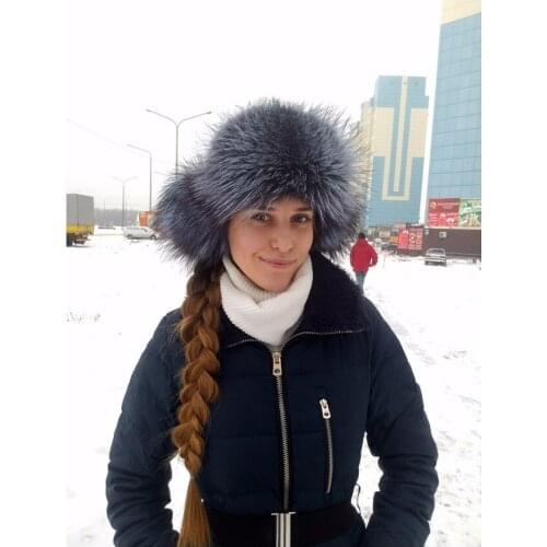 Bomber hat of natural raccoon fur fox fur hats for women earflap beanies hat fox fur cap with ears russian furry hat black H55