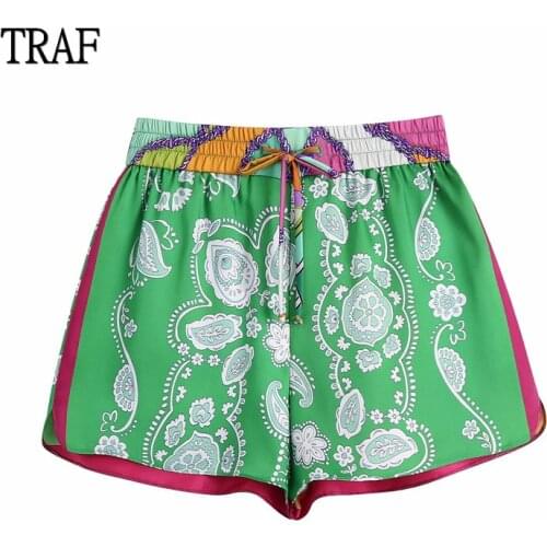TRAF Women Shorts 2021 Za Women Summer Print Loose High-Waisted Drawstring Casual Shorts Fashion Plus Size Woman Shorts Vacation