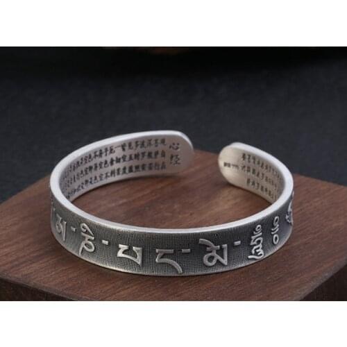 Solid 999 Sterling Silver Om Mani Padme Hum HEART SUTRA Pray Women Men Retro Cuff Bangle Bracelet jewelry A4607