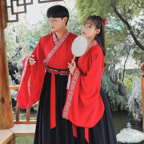 Improved Hanfu Wei Jin style large sleeve shirt men and womens wide sleeve cross collar Ru skirt red couples wear