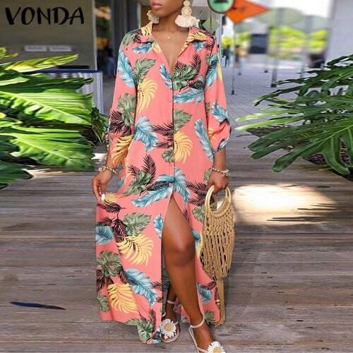Women Bohemian Dress 2021 VONDA Spring Sundres Long Sleeve Floral Printed Long Maxi Dresses Lapel Collar Shirts Party Vestido