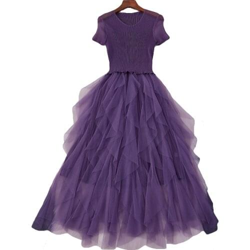 2020 new women high quality slim fold short sleeve patchwork ruffles mesh mid-calf dresses elegant purple party dress Y672