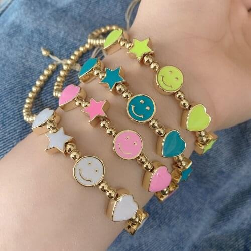 5PCS, Smiley Face Bracelet Gold Happy Face Gift For Girl, Star Heart Beaded Jewelry Stacking Macrame Bracelets For Women