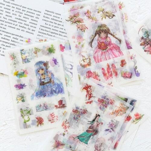 6Sheets/Set Ancient Chinese Beauty Flower Girl Decoration Scrapbooking Stickers Transparent PVC Stationery Diary Stickers