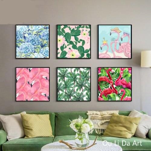 No frame modern cartoon flamingos flower cactus scenery canvas printings oil painting printed on canvas home wall art decoration