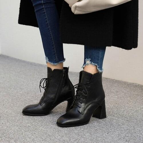 Black Platform Ankle Boots Women Boots Winter Leathe Boots Lace Up Ankle Boots Motorcycle Thick Heel Platform High Heels
