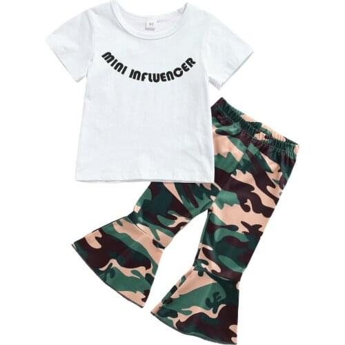 2021-05-06 Lioraitiin 1-6Y Toddler Girls Clothes Letter Print Short Sleeve O-neck T-shirt Camouflage Flared Trousers 2Pcs Set