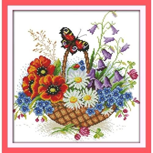 Joy Sunday Flower Basket & Butterfly Cross Stitch Print on Canvas DMC Cross Stitch Embroidery Cross Stitch Kit for Home Decor