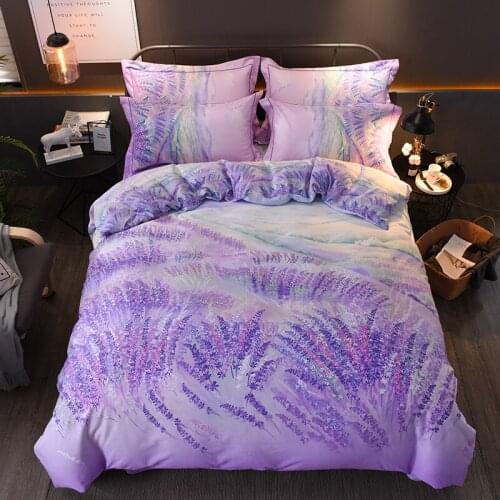 Purple 100% Cotton Sanding Printed Flower Bedding Set Wedding Bed Sheet set Duvet Cover Pillowcase Queen King 4pcs rose lily