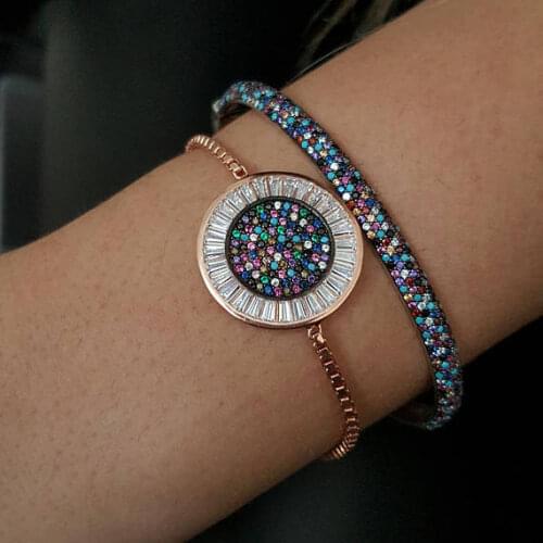 Round disco charm micro pave baguette cubic zirconia cz rose gold color box adjust chain turkish teen girl gift eye bracelet