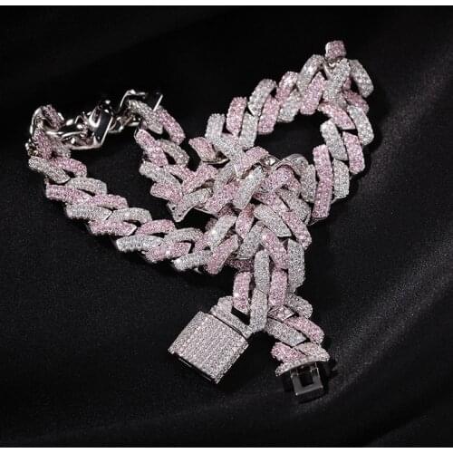 Pink White AAA CZ Stone Paved Bling Ice Out Two Tone Curb Cuban Miami Chain Choker Necklace for Women Men Hip Hop Rapper Jewelry