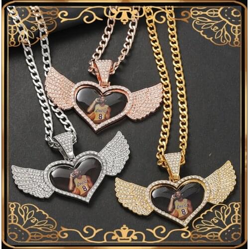 Custom Picture Pendant Necklace Heart Angel Wings Medallions With 4MM Tennis Chain Crystal Men Women Hip Hop Jewelry Gift