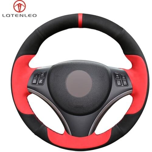LQTENLEO Hand Sew Car Steering Wheel Cover Black Red Suede For BMW M Sport 1 Series E87 E81 E82 E88 120i 130i 120d X1 E84