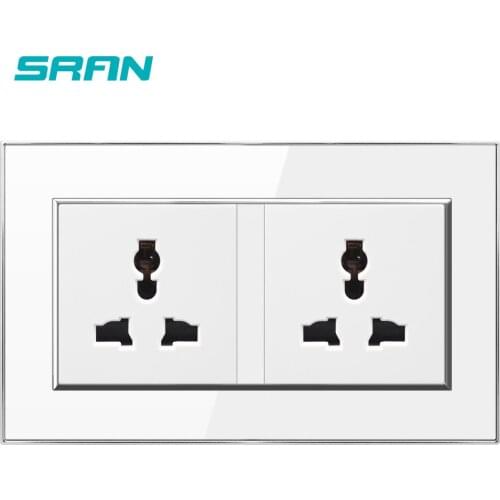 SRAN 3 hole multi-function wall power socket,13A 250V White crystal acrylic panel，146 * 86mm universal plug socket