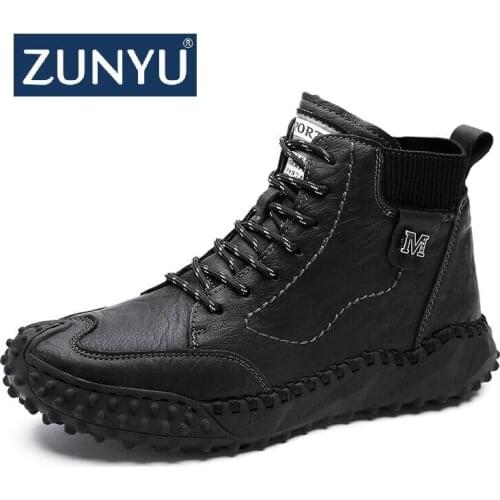 ZUNYU New Winter Mens Boots Thick Plush Warm Mens Snow Boots Leather Mens Ankle Boots Handmade Motorcycle Boots Mens Shoes