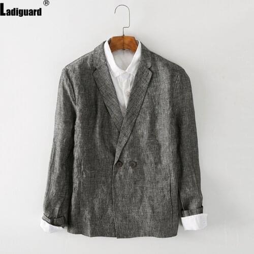 Men Linen Blazers Lapel Collar retro Jacket Single Breasted Top Outerwear Autumn Pocket Design Blazer Sexy Mens Clothing 2021