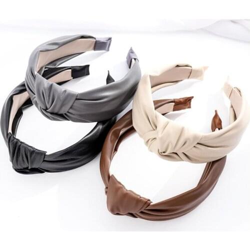 Retro Solid Color PU Leather Women Hairband Top Twist Knotted Headband For Ladies Elegant Female Headwear Hair Accessories