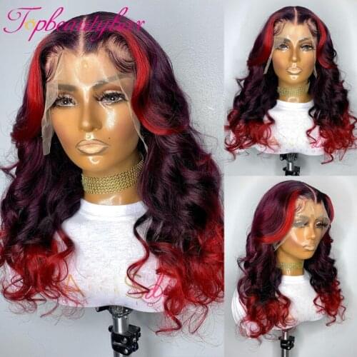 Red Ombre Highlight Color Lace Front Wig Pre Plucked Wavy Human Hair Wigs For Women Transparent Lace 180% Remy Hair Lace Wigs