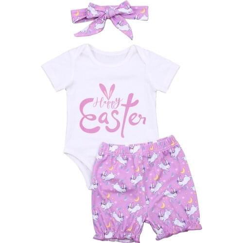 Newborn Girls Three Piece Easter Set, Girls Lettering Printed Romper Rabbit Pattern Shorts Hair Band for Baby
