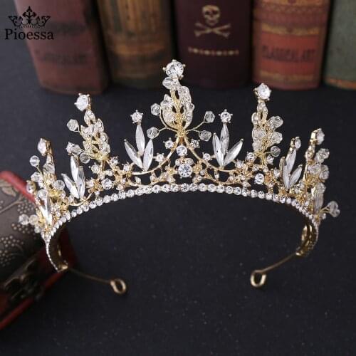 Pioessa Bridal Leaf Tiara Crowns For Wedding Bride Women Hair Ornaments Head Decorations Rhinestone Hair Jewelry Accessories