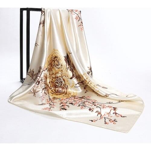 Large Hijab Scarf For Women Flower Print Silk Satin Head Scarfs Female 90*90cm Fashion Kerchief Square Shawl Scarves For Ladies