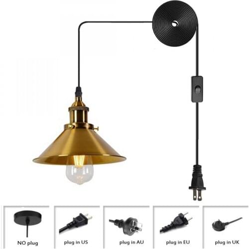 Plug In Industrial Ceiling Light, Golden Vintage Farmhouse Lighting Fixture for Dining Room Bar Entryway1 Light Pendant Light
