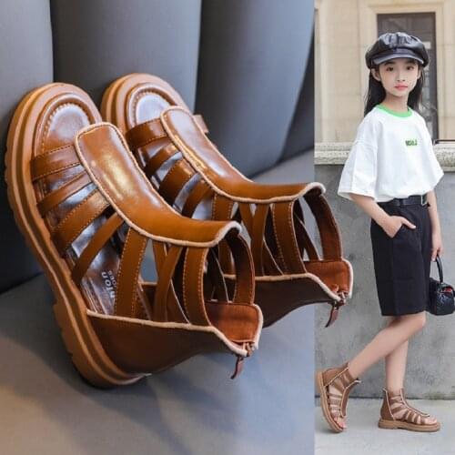 Top Quality Girls Roman Sandals Children Beach Shoes Fashion Summer Kids Boots Hollow out Flats Roman Shoes Black Brown Beige