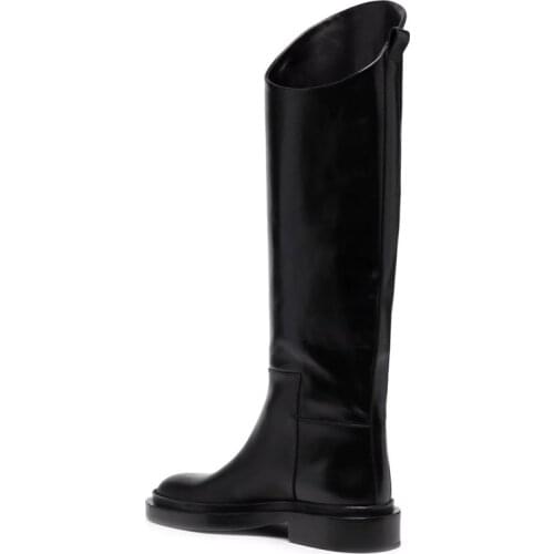 Black Leather Chunky Heels Knee High Boots Round Toe Slip On Long Boots Med Heels Solid Botas Flat Shoes for Womens Boots New