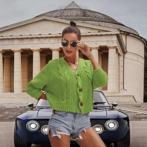 Women Button Solid Color Sweater Knitted Loose Cardigan Coat Female Patchwork Elegant Thick Warm Short Sweater