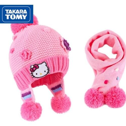 TAKARA TOMY Fashion cartoon Hello Kitty baby hat scarf two-piece simple winter girl hat childrens scarf set