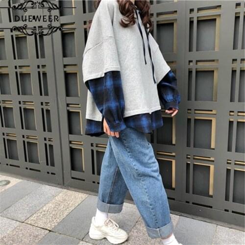 DUEWEER Hoodies Womens Pullover Clothes Patchwork Plaid Loose Casual All-match Oversize Korean Style Trend Women Hoodie