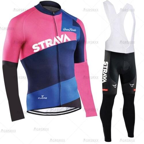 STRAVA Long Sleeve Cycling Jersey Set Bike Team Race Clothes Anti-UV Downhill MTB 5D Gel Pad Shockproof Long Sleeve Shirts Suit