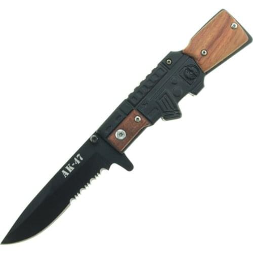 AK47 Gun Shape Military Tactical Folding Knife Sharp Blade Wood Handle Survival Outdoor Hunting Camping Rescue EDC Tool