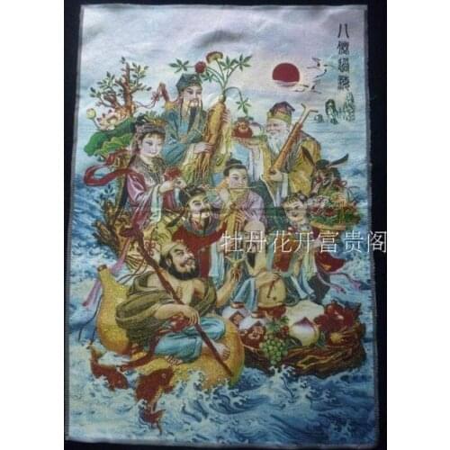 Colección Antigua China Thangka bordado Ocho inmortales a través del diagrama del mar