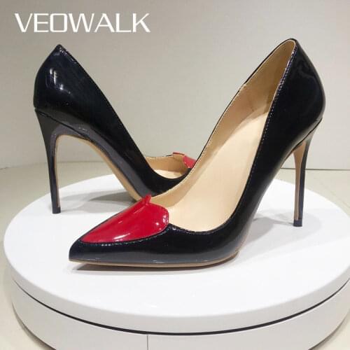 Veowalk Sweetheart Decor Women Patent Pointed Toe Pumps Black 8cm 10cm 12cm High Heel Stilettos Fashion Ladies Dress Shoes 33-45