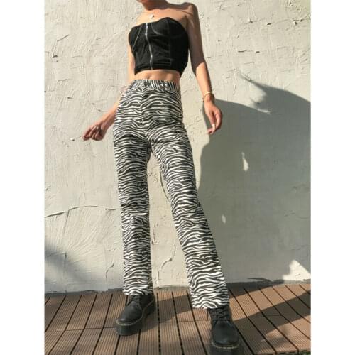 Fashion Womens Leopard Print Pants Ladies High Waist Button Trousers Streetwear Bell Bottom Black and White Women Straight Pants