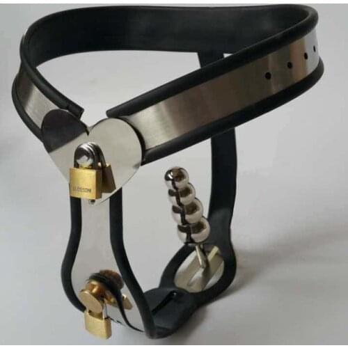 Female T type pants double chastity lock stainless steel+silicone with anal plug add rough chastity belt strapon comfortable sex