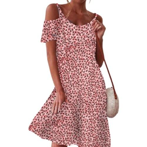Summer Women Floal A-Line Elegant O-Neck Shoulder Hollow Out Short Sleeve Dresses for Lady Chic Mini Dress Loose Floral Printing