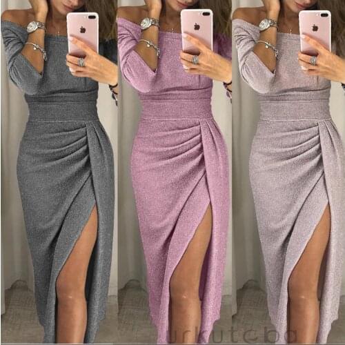 Women Off Shoulder Half Sleeve Slim Bodycon Ruffles Elegant Solid Color Evening Party Split Dress Formal Dresses