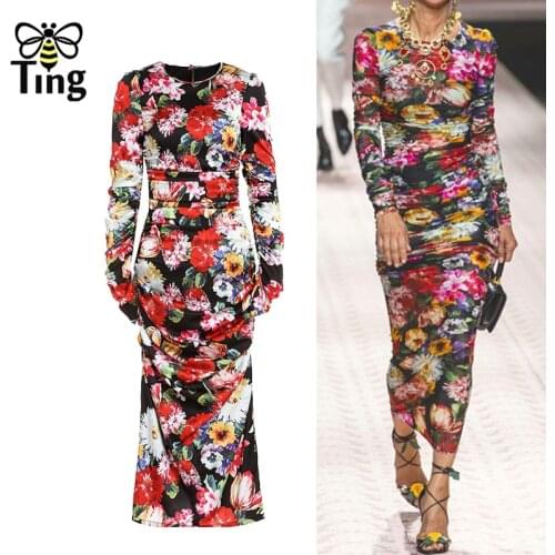 Tingfly Runway Luxury Satin Silky Floral Party Birthday Night Dresses Sexy Bodycon Sheath Draped Long Dress Haut Plus Size Robes