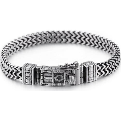 8mm Egyptian Ankh Symbol of Life Charm Biker Bracelets Men Women Stainless Steel Silver Color Mesh Link Chain Bracelet Jewelry