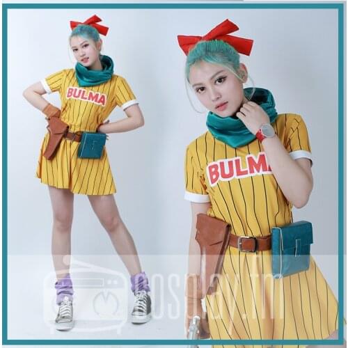 Bulma Cosplay Costume Yellow Dress with Scarf and Belt