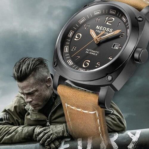 NEDSS Luxury brand watch fashionable tritium watch autmomatic watch genuine leather army Mens Original Navy SEAL Diver Watches