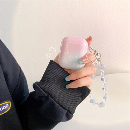 Cute Gradient Pink Earphone Case for Airpods 1 2 Soft TPU Wireless Charging Cover for AirPods Pro with 3D Flower Bracelet Chain