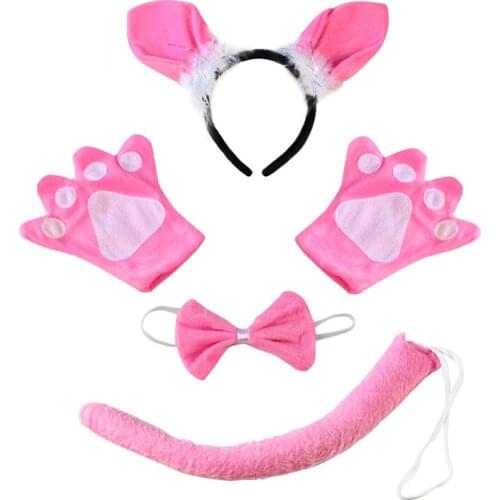 Children Cartoon School Pig Cosplay Headband Pink Pig Ear Headband Bow Tie Gloves Tutu Dress Sets for Girls